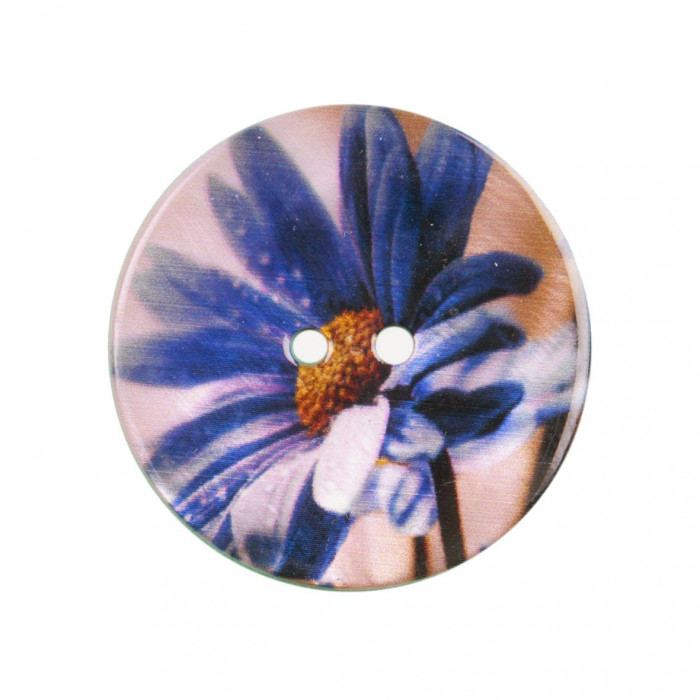 Bouton nacre 2 trous imprimé - fleur violine