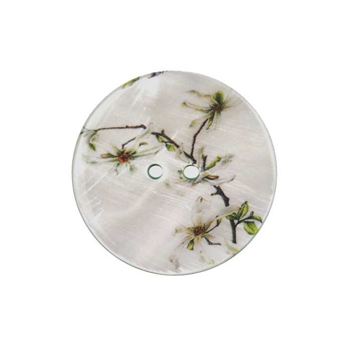 Bouton nacre 2 trous imprimé - fleur blanche